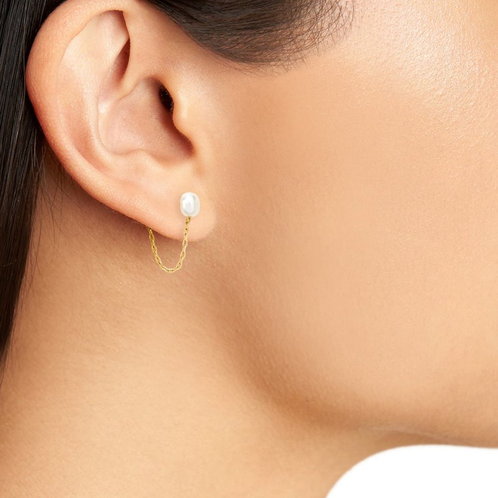 Set of (2) Madewell Earrings - Stembent Ear Jacket and Freshwater Pearl Chain